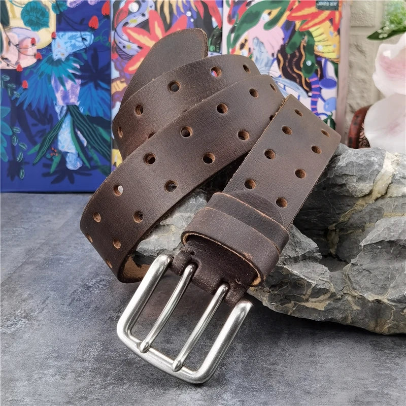 Premium Cow Leather 38MM Double Pin Metal Wide Belt for Men