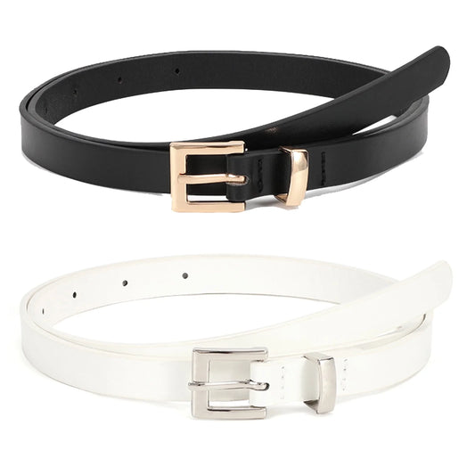 Pack of 2 Women Skinny Leather Belts,Black White