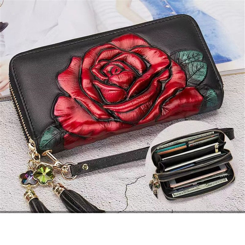 Premium Quality Cow Leather Floral Ladies Hand Purse, Hand Wallet, Clutch