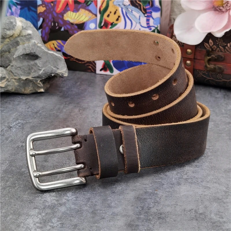 Premium Cow Leather 38MM Double Pin Metal Wide Belt for Men