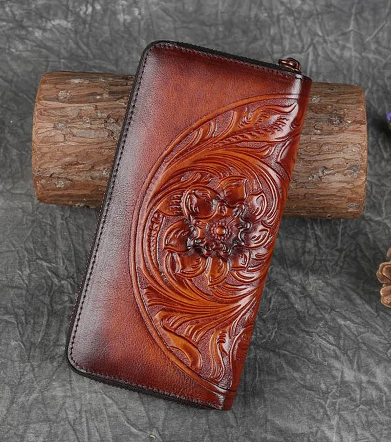 Original Cow Leather High Quality Engraved Finished Ladies Hand Purse, Hand Wallet with Coin Holder