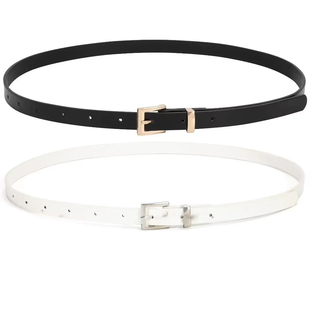 Pack of 2 Women Skinny Leather Belts,Black White