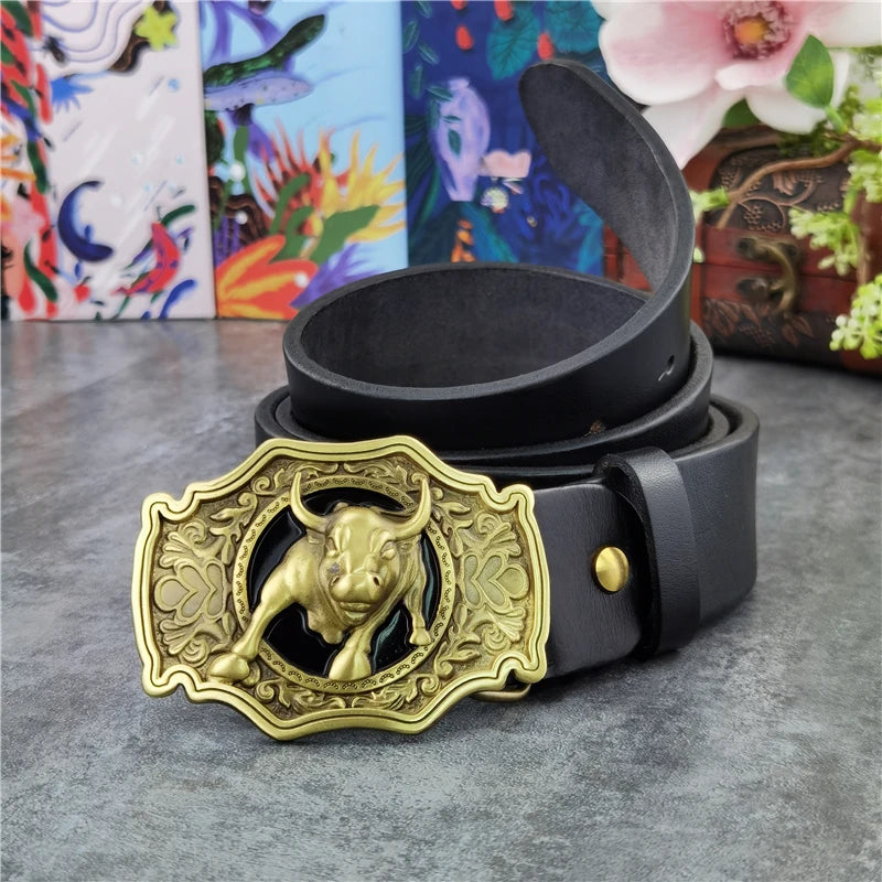 Genuine Cow Leather With Brass Bull Cowboy Buckle Men Belt 