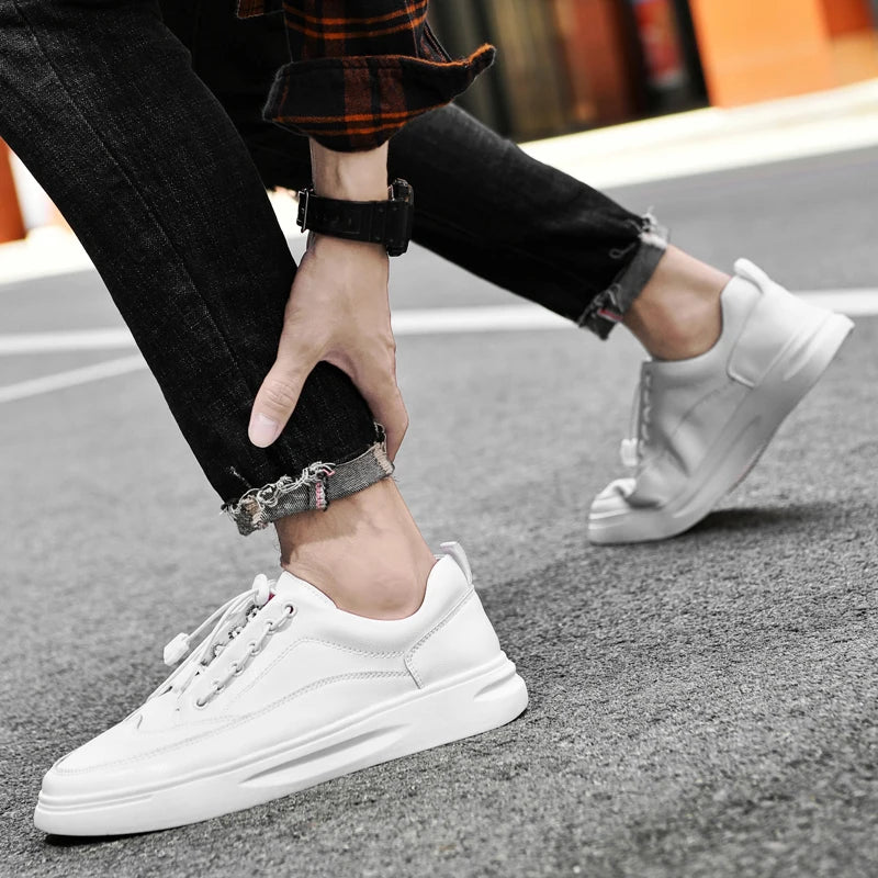 Genuine Cow Leather Soft Surface Spring and Autumn Fashion White Sneakers for Men