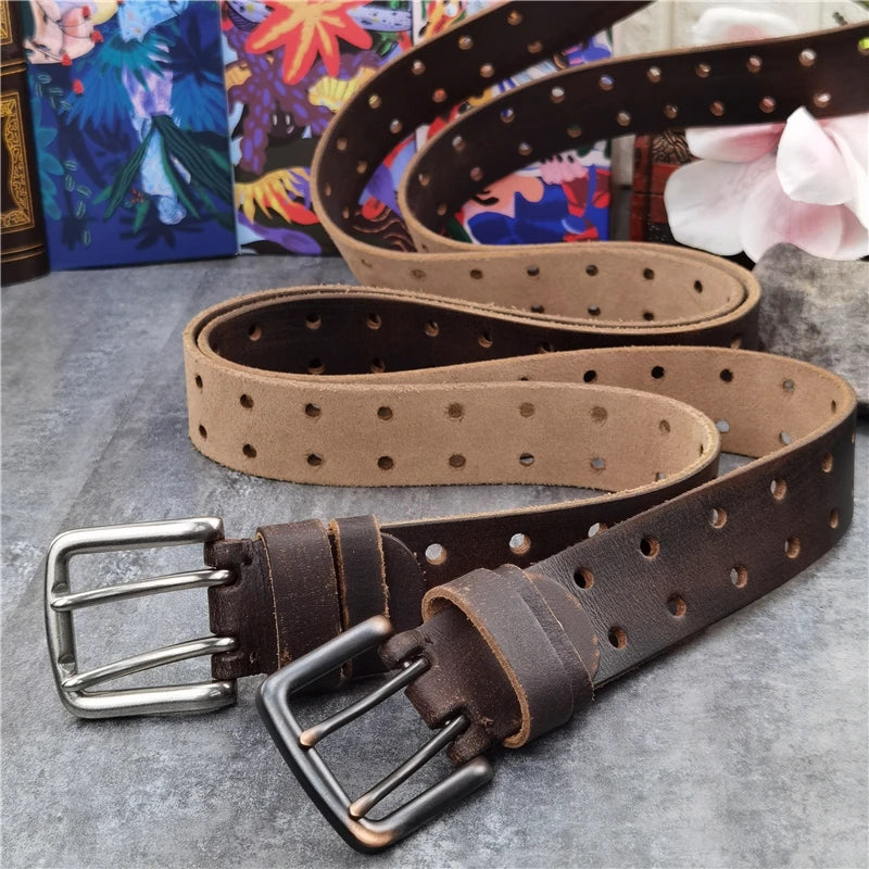 Premium Cow Leather 38MM Double Pin Metal Wide Belt for Men