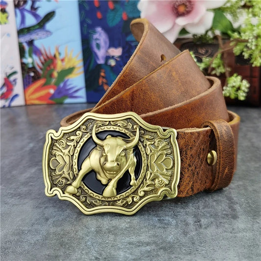 Genuine Cow Leather With Brass Bull Cowboy Buckle Men Belt 