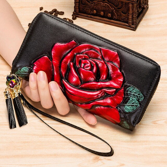 Premium Quality Cow Leather Floral Ladies Hand Purse, Hand Wallet, Clutch