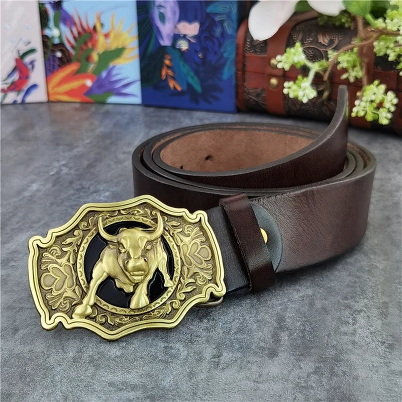 Genuine Cow Leather With Brass Bull Cowboy Buckle Men Belt 