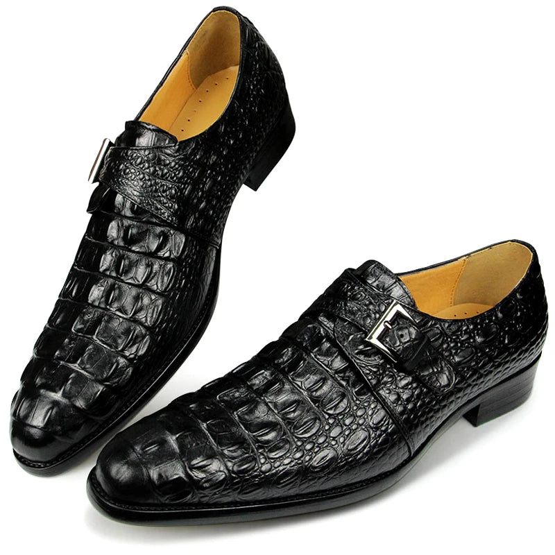 Oxford Luxury Crocodile Pattern Cow Leather Shoes for Men Monk Strap Italy Style Loafers 