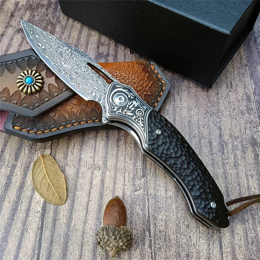 Damascus Steel Pocket Folding Knife Outdoor Wildness Survival Knife Collection Knife