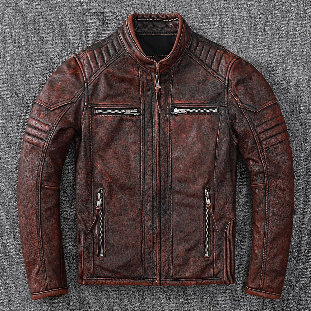 100% Genuine Cow Leather Hand-Cut Vintage Style Biker Jacket for Men