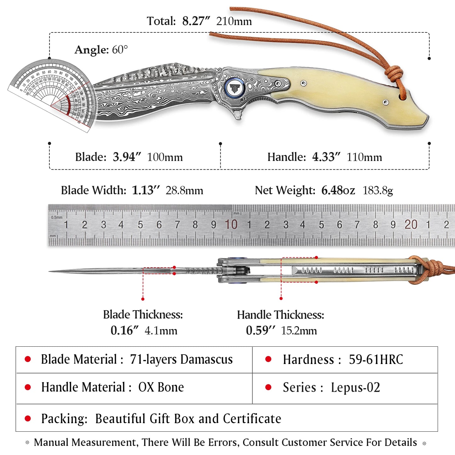 Damascus Steel Folding Pocket Knife for Men with Handmade OX Bone Handle, Camping knife, Collection & Gifts