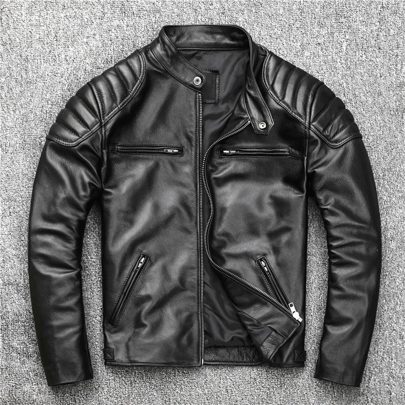 Genuine Sheepskin Soft Leather Jacket Men Motorcycle Biker Slim Short Coat