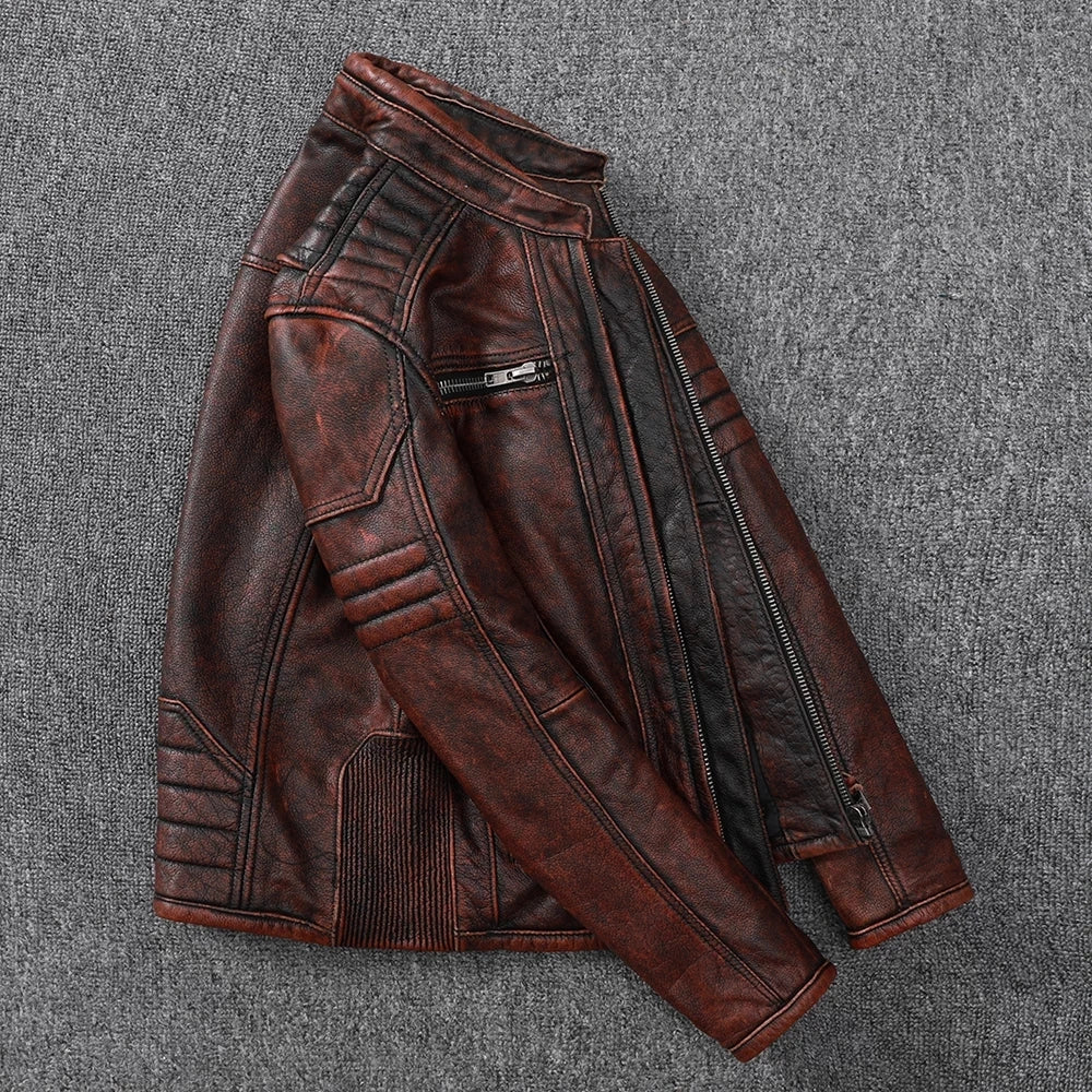 100% Genuine Cow Leather Hand-Cut Vintage Style Biker Jacket for Men