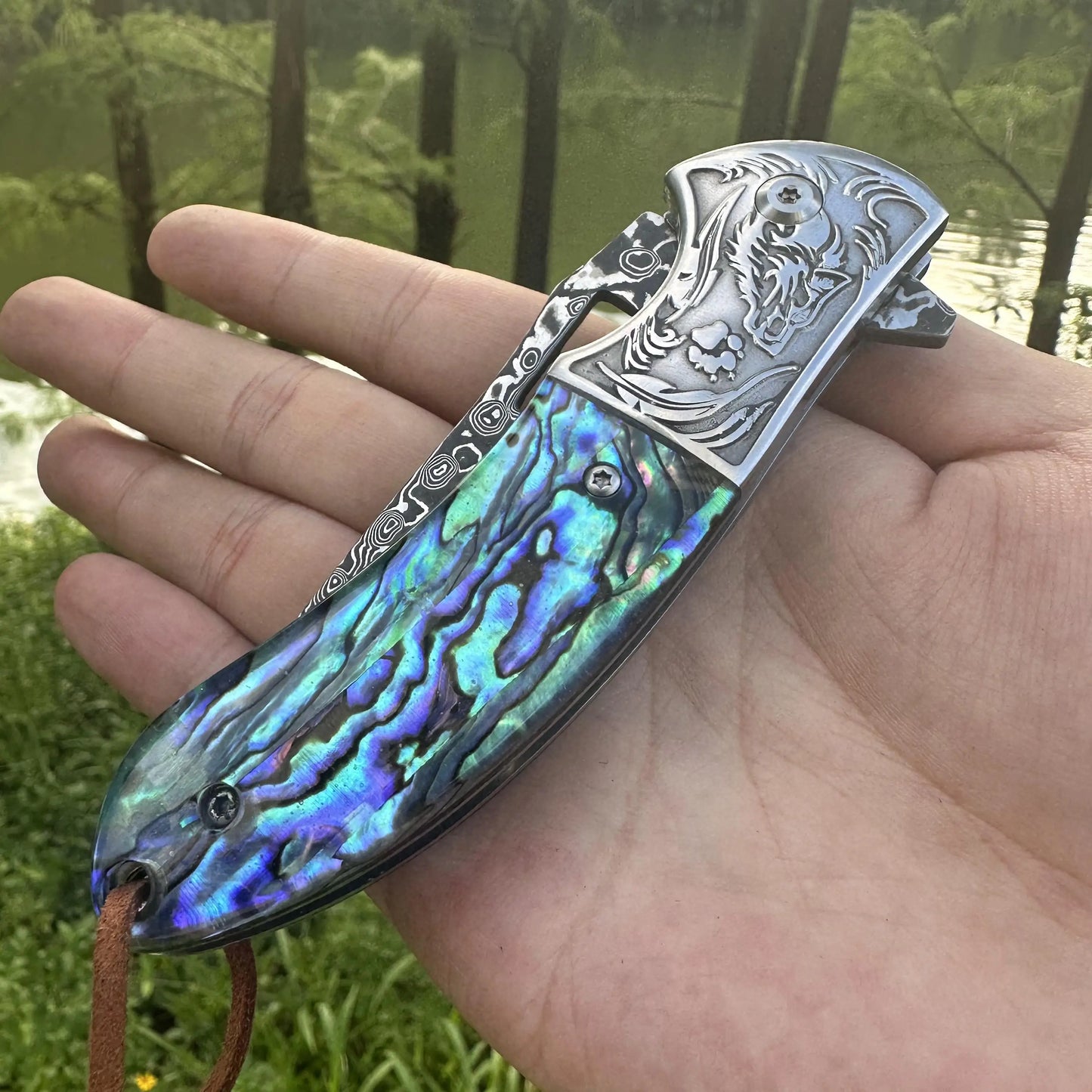 Steel Rose Handmade Damascus Folding Pocket Knife Abalone Shell Handle Ball