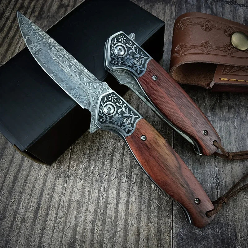 Damascus Steel Pocket Folding Knife Outdoor Wildness Survival Knife Collection Knife