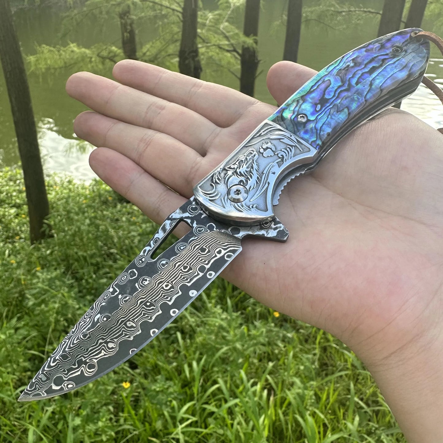 Steel Rose Handmade Damascus Folding Pocket Knife Abalone Shell Handle Ball