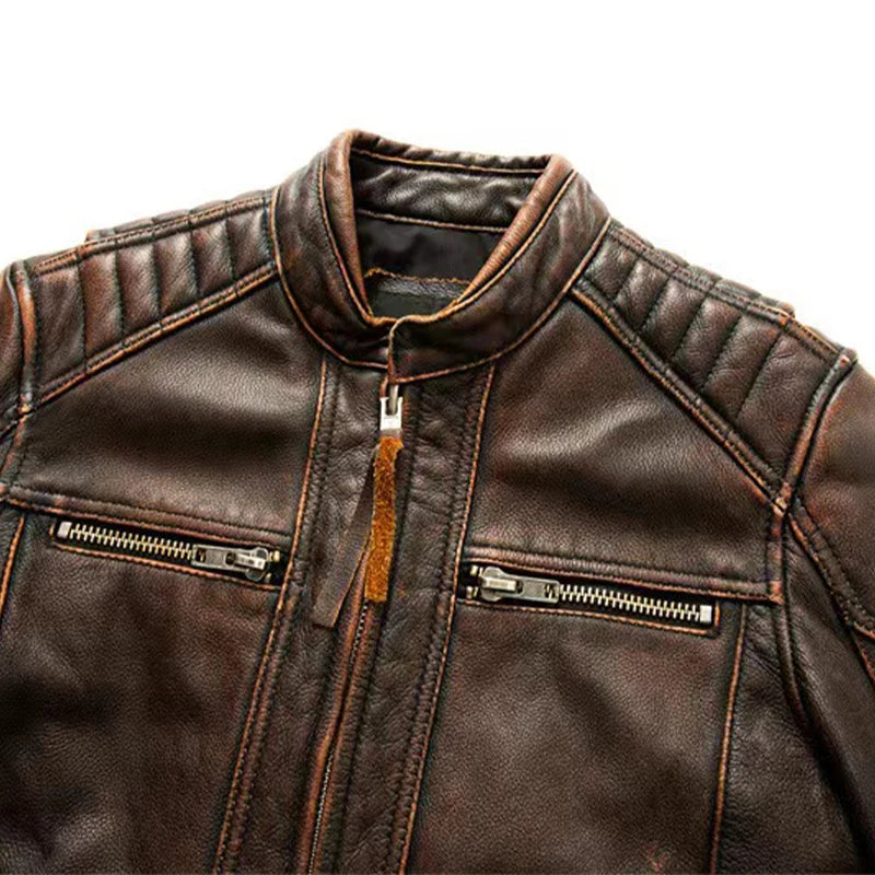 Genuine Cow Leather Hand-Cut Jacket For Men Retro Fashion Old Collar Biker Jacket