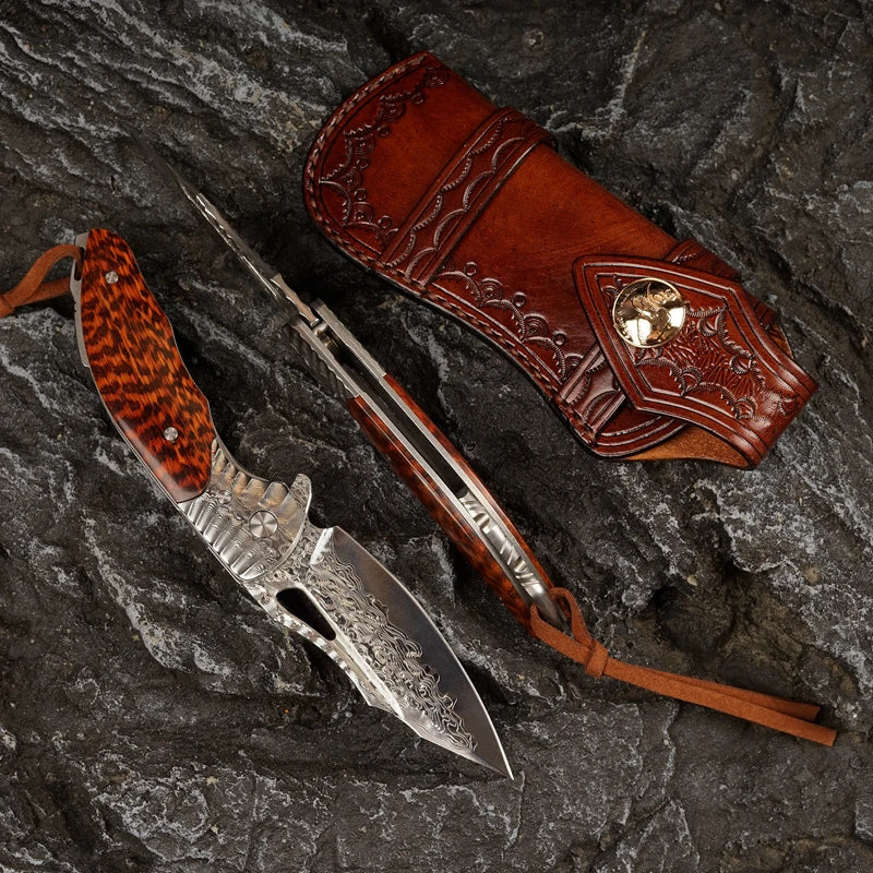 Damascus steel Hand Forged pocket folding knife with snake wood handle