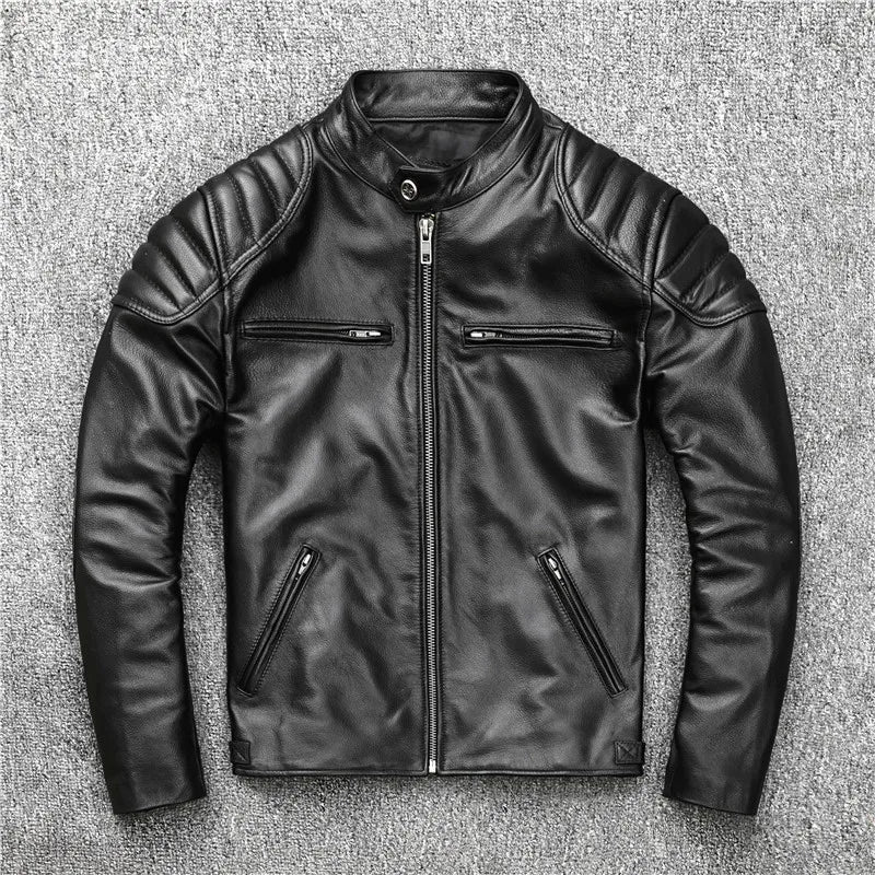 Genuine Sheepskin Soft Leather Jacket Men Motorcycle Biker Slim Short Coat