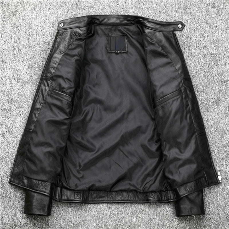 Genuine Sheepskin Soft Leather Jacket Men Motorcycle Biker Slim Short Coat