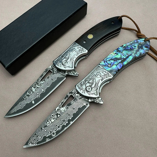 Steel Rose Handmade Damascus Folding Pocket Knife Abalone Shell Handle Ball