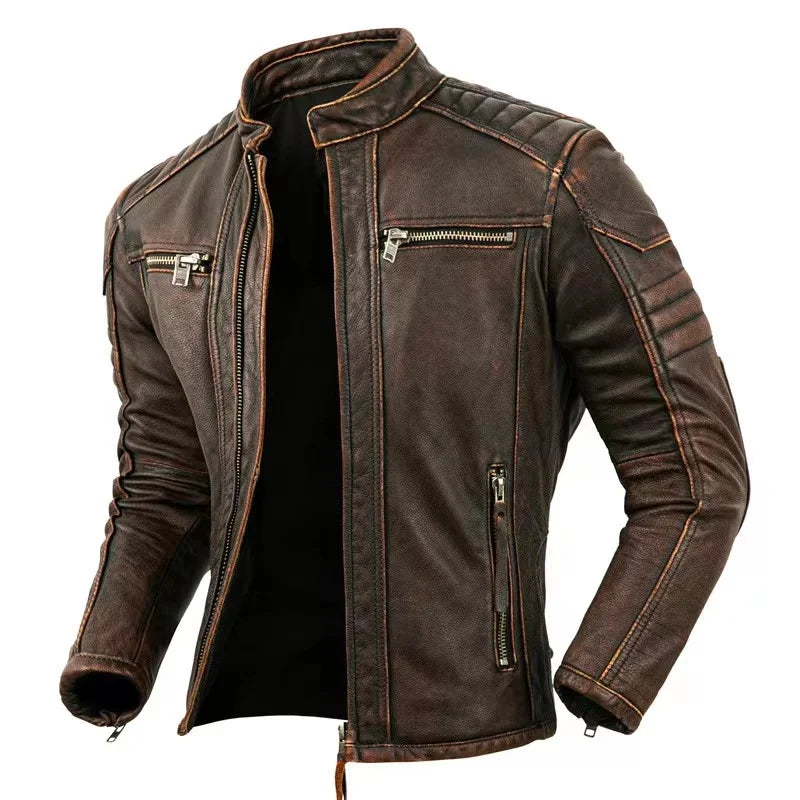 Genuine Cow Leather Hand-Cut Jacket For Men Retro Fashion Old Collar Biker Jacket