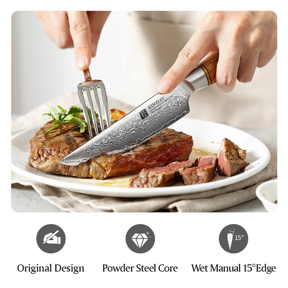 Japanese Damascus VG10 Steel Razor Sharp Blade Cut Lamb Chops Pork Wood Handle 5" inch Steak Kitchen Knife Set