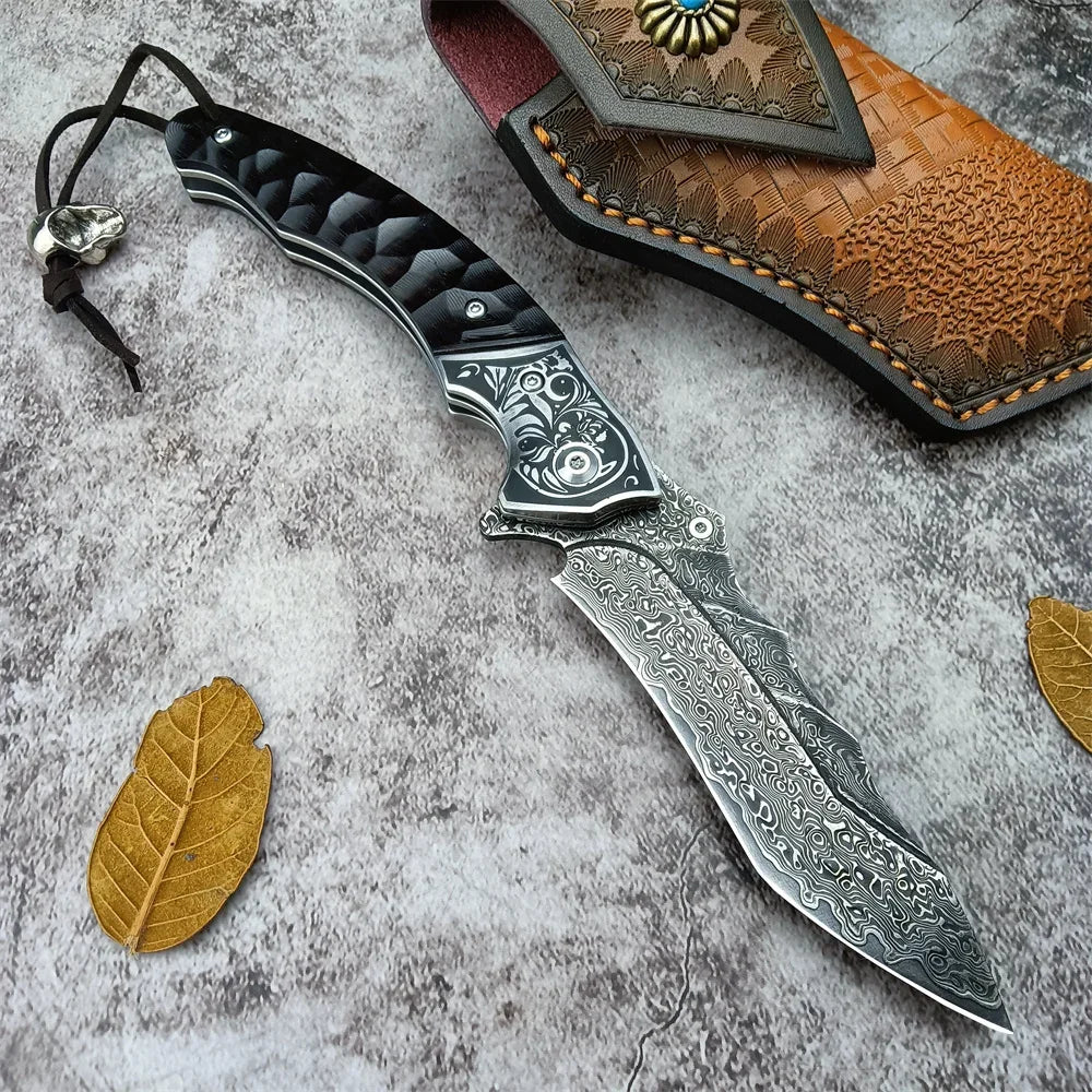 Damascus Steel Pocket Folding Knife Outdoor Wildness Survival Knife Collection Knife