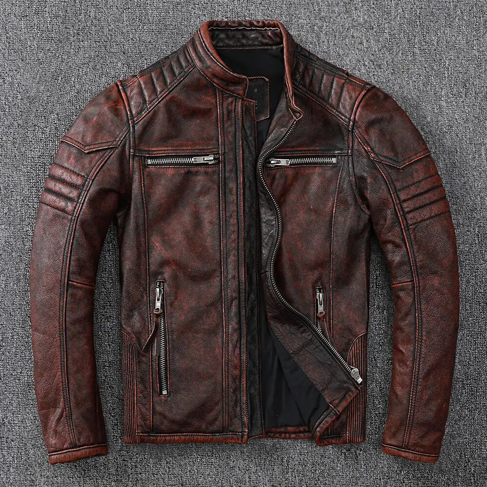 100% Genuine Cow Leather Hand-Cut Vintage Style Biker Jacket for Men