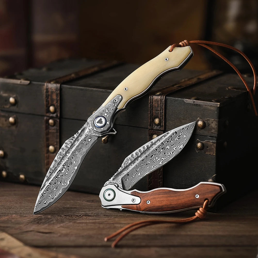 Damascus Steel Folding Pocket Knife for Men with Handmade OX Bone Handle, Camping knife, Collection & Gifts