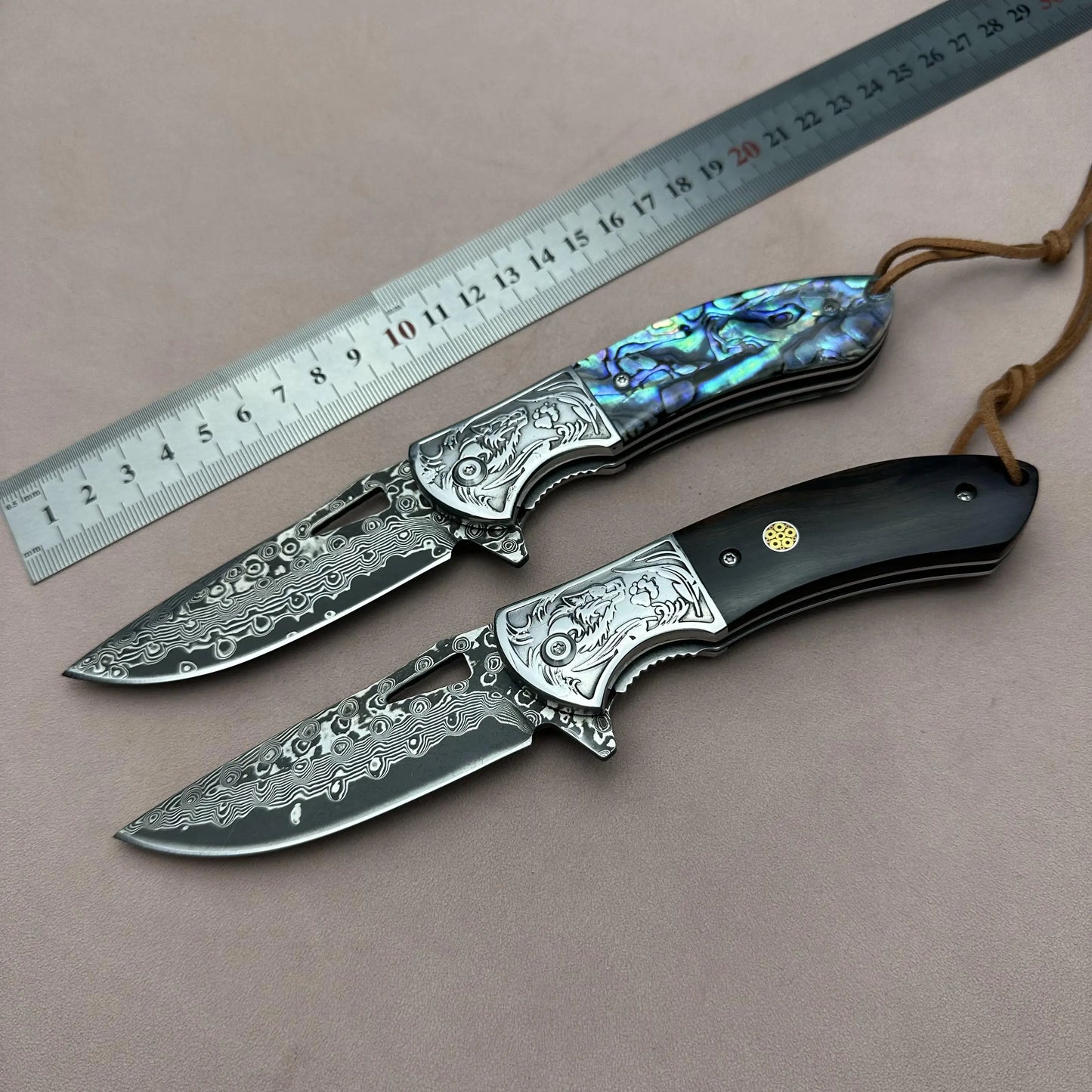 Steel Rose Handmade Damascus Folding Pocket Knife Abalone Shell Handle Ball