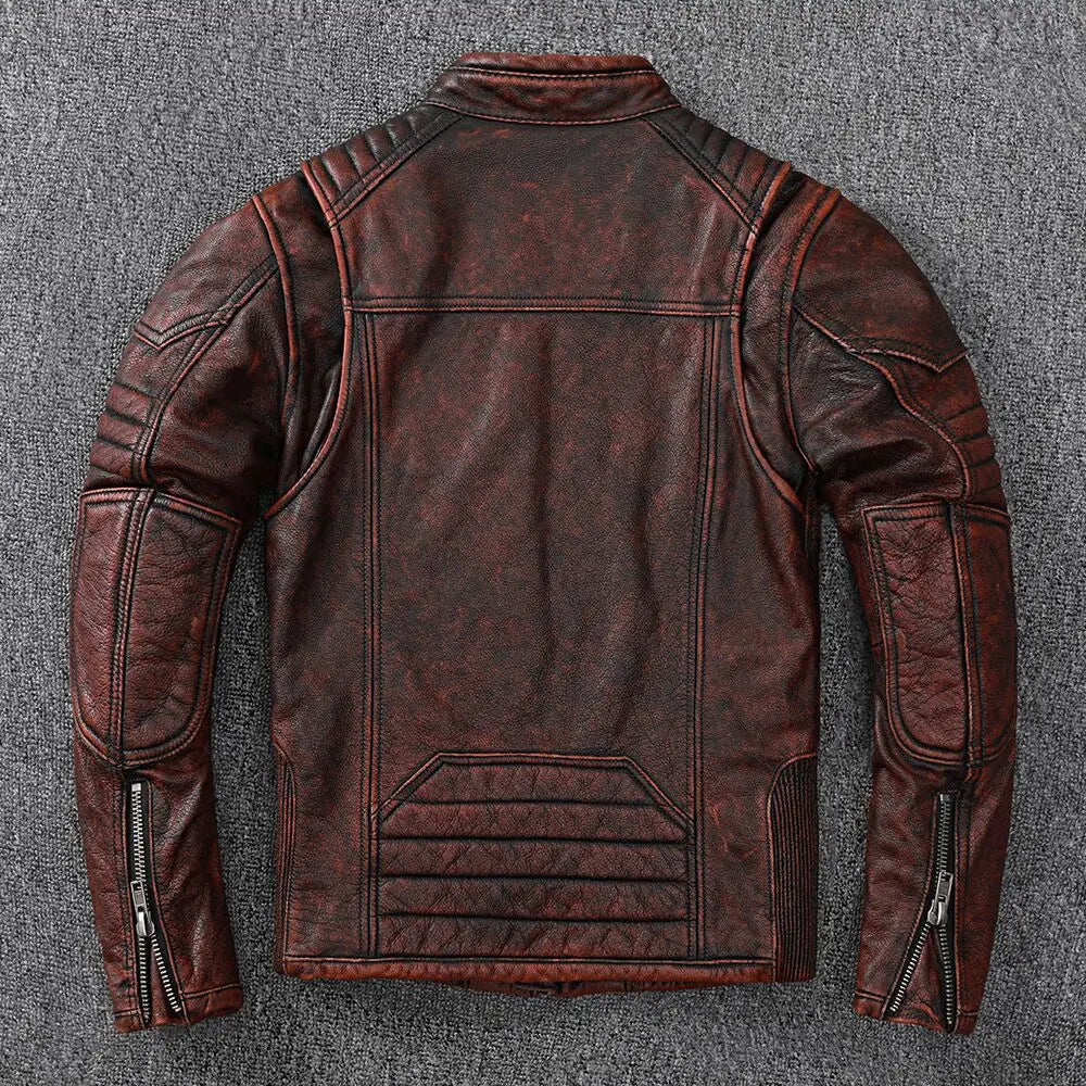 100% Genuine Cow Leather Hand-Cut Vintage Style Biker Jacket for Men