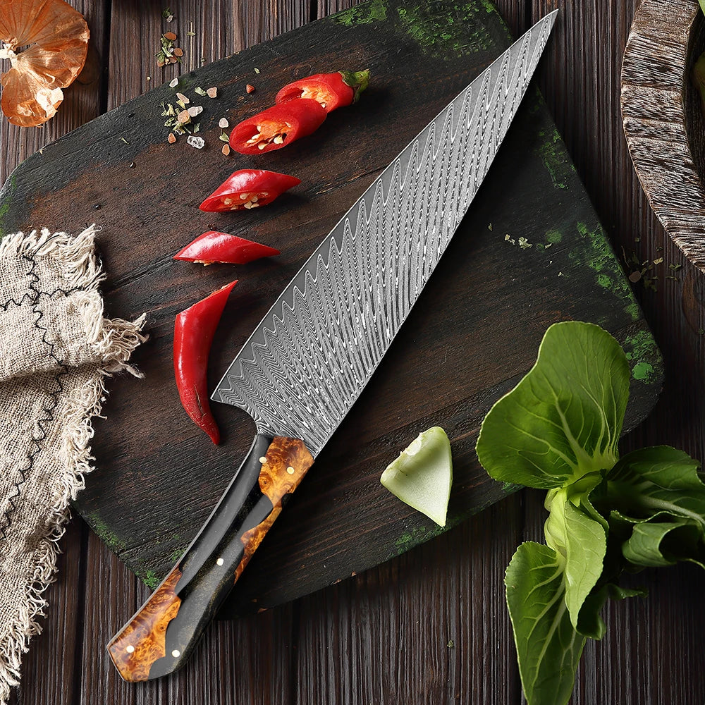 Japanese 67-layers Damascus Steel Chef Knife,8 Inch Kitchen Knife Ultra Sharp With Resin & Wood Handle