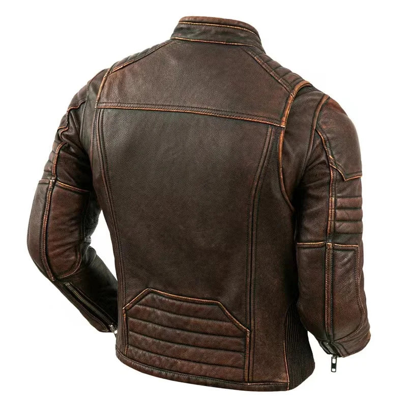 Genuine Cow Leather Hand-Cut Jacket For Men Retro Fashion Old Collar Biker Jacket