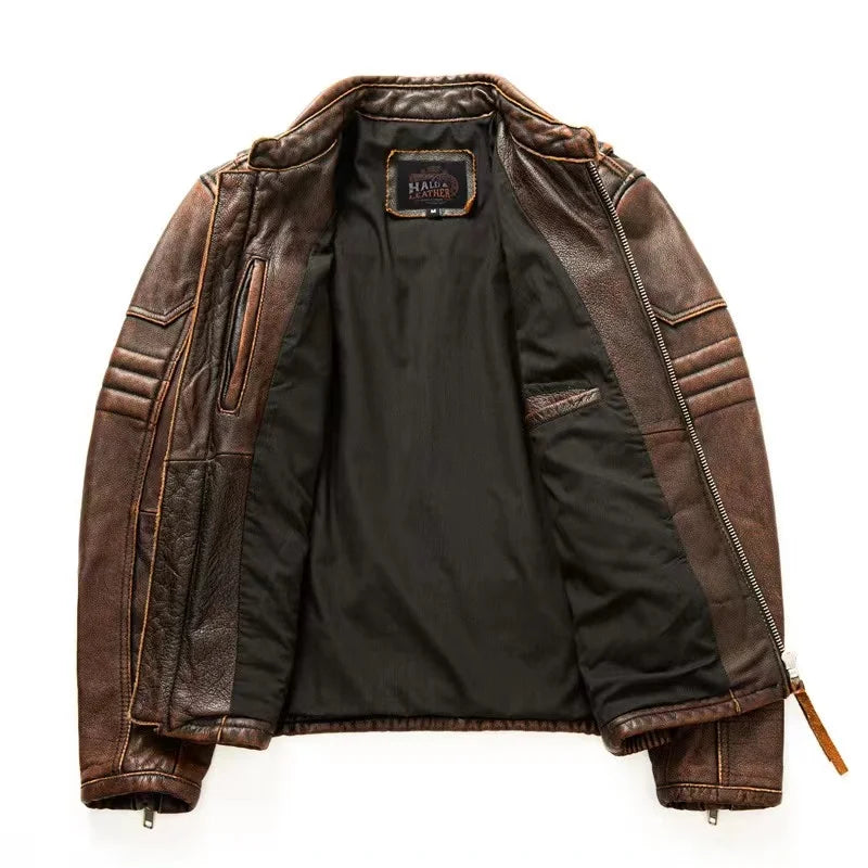 Genuine Cow Leather Hand-Cut Jacket For Men Retro Fashion Old Collar Biker Jacket