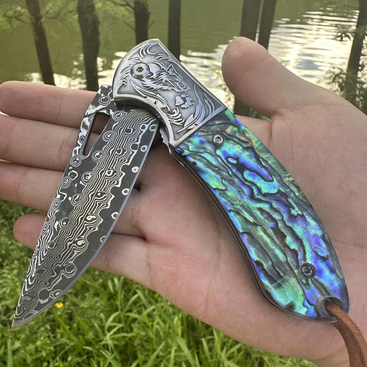 Steel Rose Handmade Damascus Folding Pocket Knife Abalone Shell Handle Ball