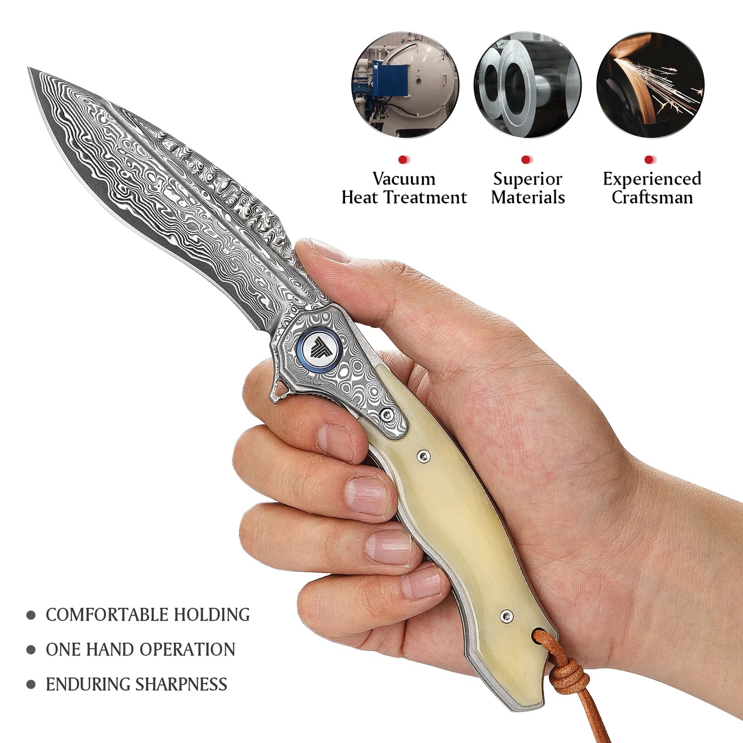 Damascus Steel Folding Pocket Knife for Men with Handmade OX Bone Handle, Camping knife, Collection & Gifts