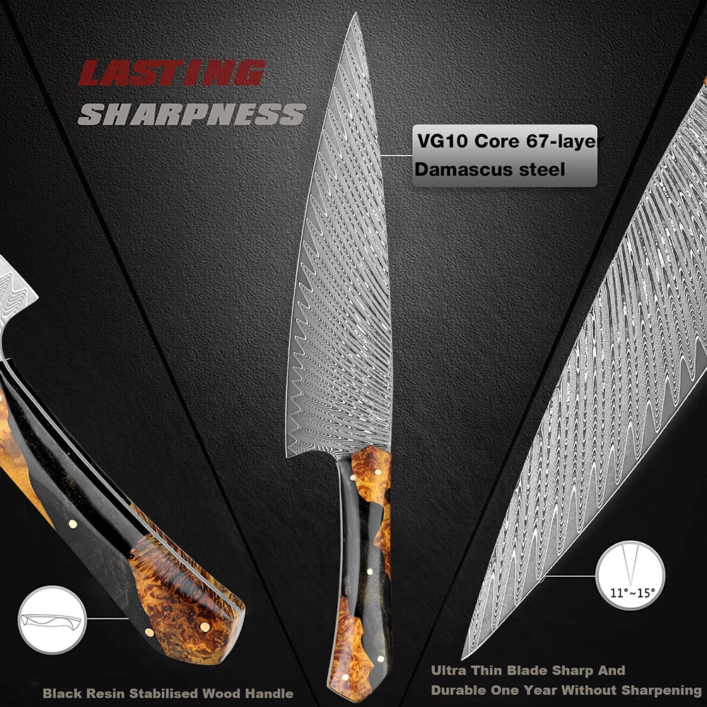 Japanese 67-layers Damascus Steel Chef Knife,8 Inch Kitchen Knife Ultra Sharp With Resin & Wood Handle