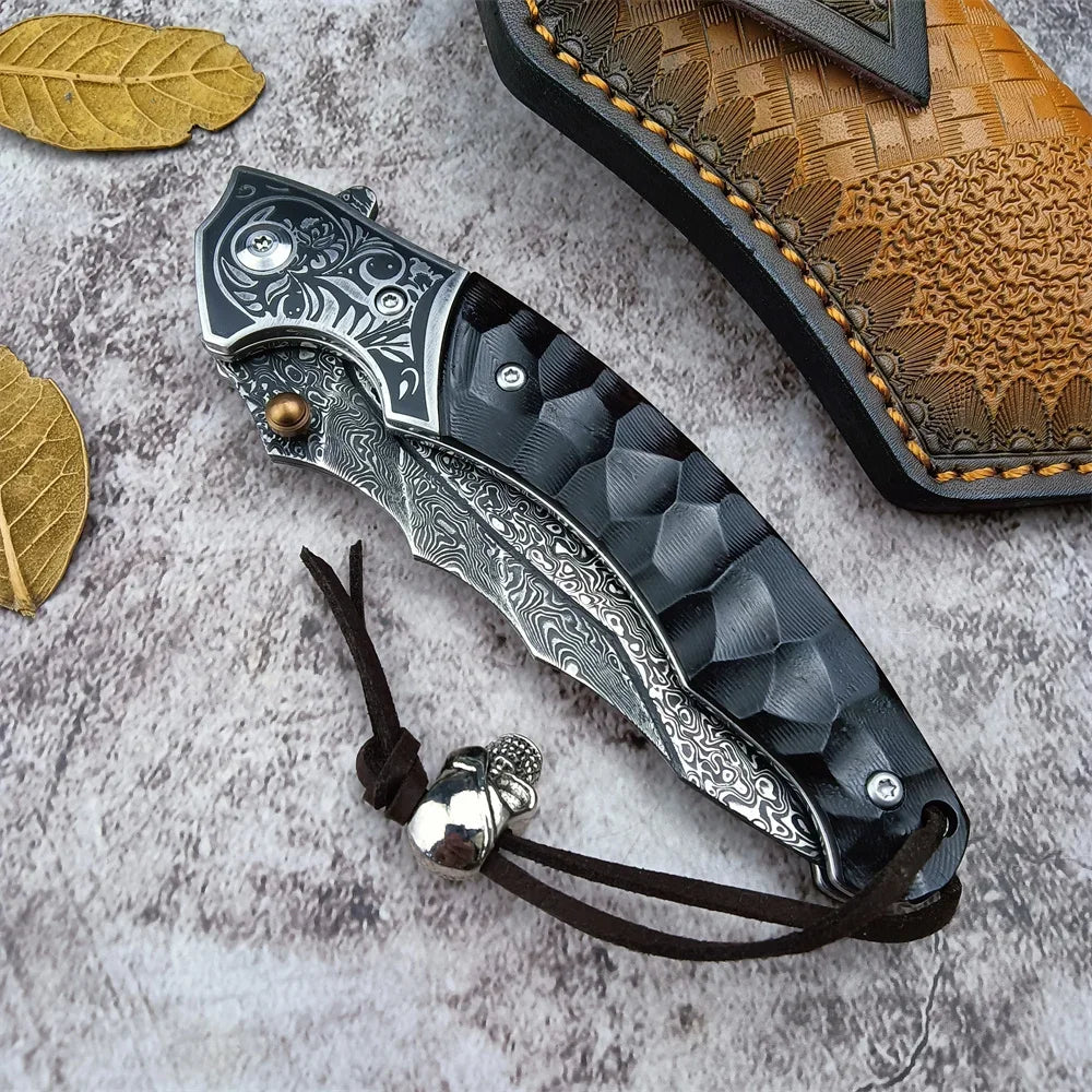 Damascus Steel Pocket Folding Knife Outdoor Wildness Survival Knife Collection Knife