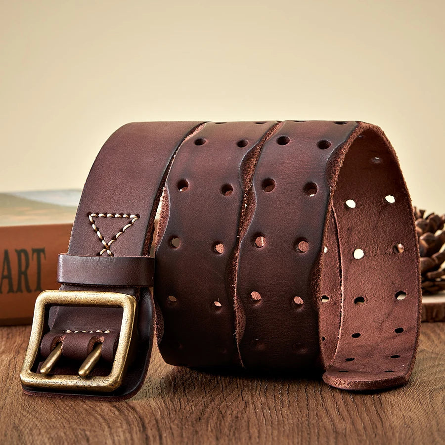 Premium Leather Belt Vintage Men Wide Belt Male Cowhide Double Prong Buckle Strap Cowboy Jeans Belt