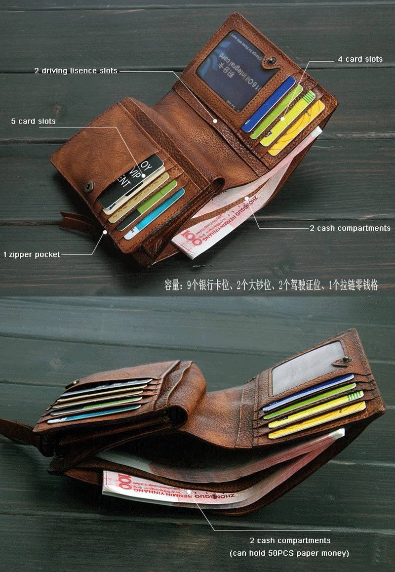 Original Cow Leather Hand Cut Vintage Finished Men's Wallet with Card Holder & Money Holder