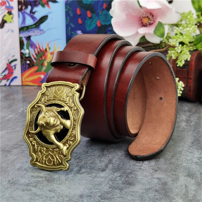 Genuine Cow Leather With Brass Bull Cowboy Buckle Men Belt 