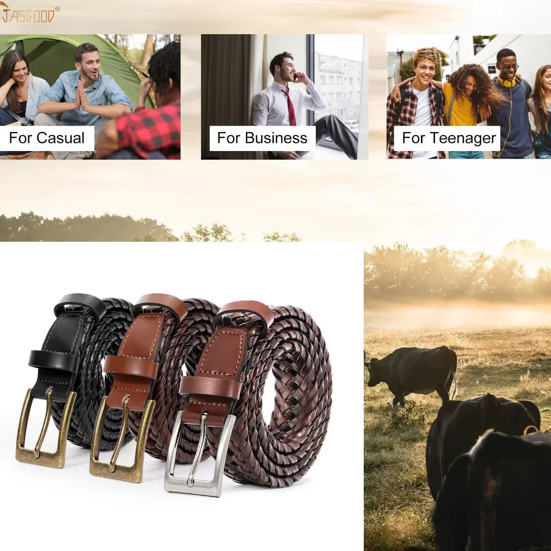 Men Braided Belts Brown Cowhide Woven Leather Belt for Mens Pants