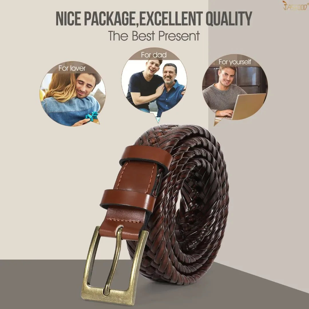 Men Braided Belts Brown Cowhide Woven Leather Belt for Mens Pants