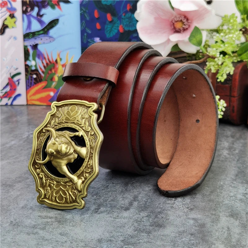 Genuine Cow Leather With Brass Bull Cowboy Buckle Men Belt 