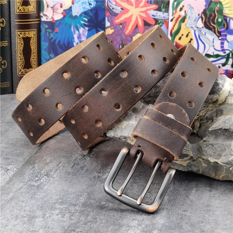 Premium Cow Leather 38MM Double Pin Metal Wide Belt for Men