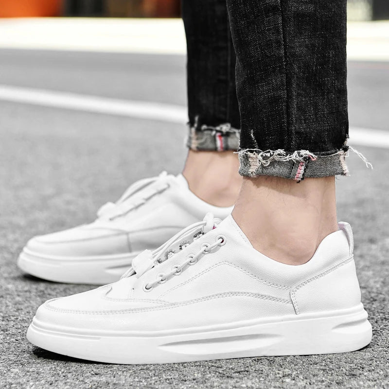 Genuine Cow Leather Soft Surface Spring and Autumn Fashion White Sneakers for Men