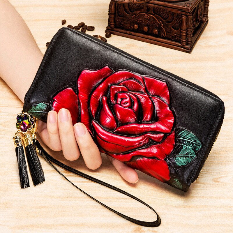 Premium Quality Cow Leather Floral Ladies Hand Purse, Hand Wallet, Clutch