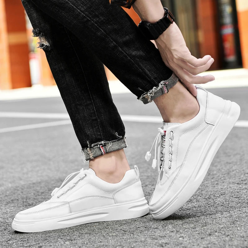 Genuine Cow Leather Soft Surface Spring and Autumn Fashion White Sneakers for Men